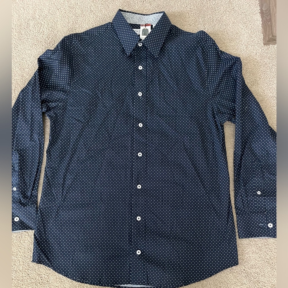 Men's Nick Graham Navy and White Polka Dotted Long Sleeve Dress Button up Shirt